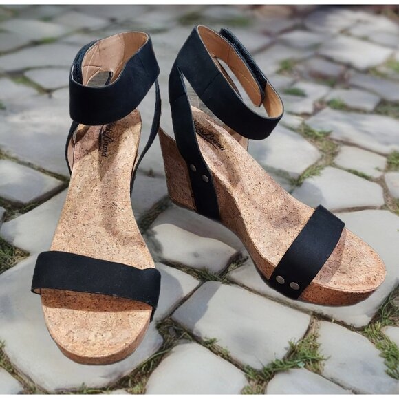 Lucky Brand Shoes - Lucky Brand Black Suede Sandal Ankle Strap Cork Wedge Heel Size7.5M USA Mcdowell